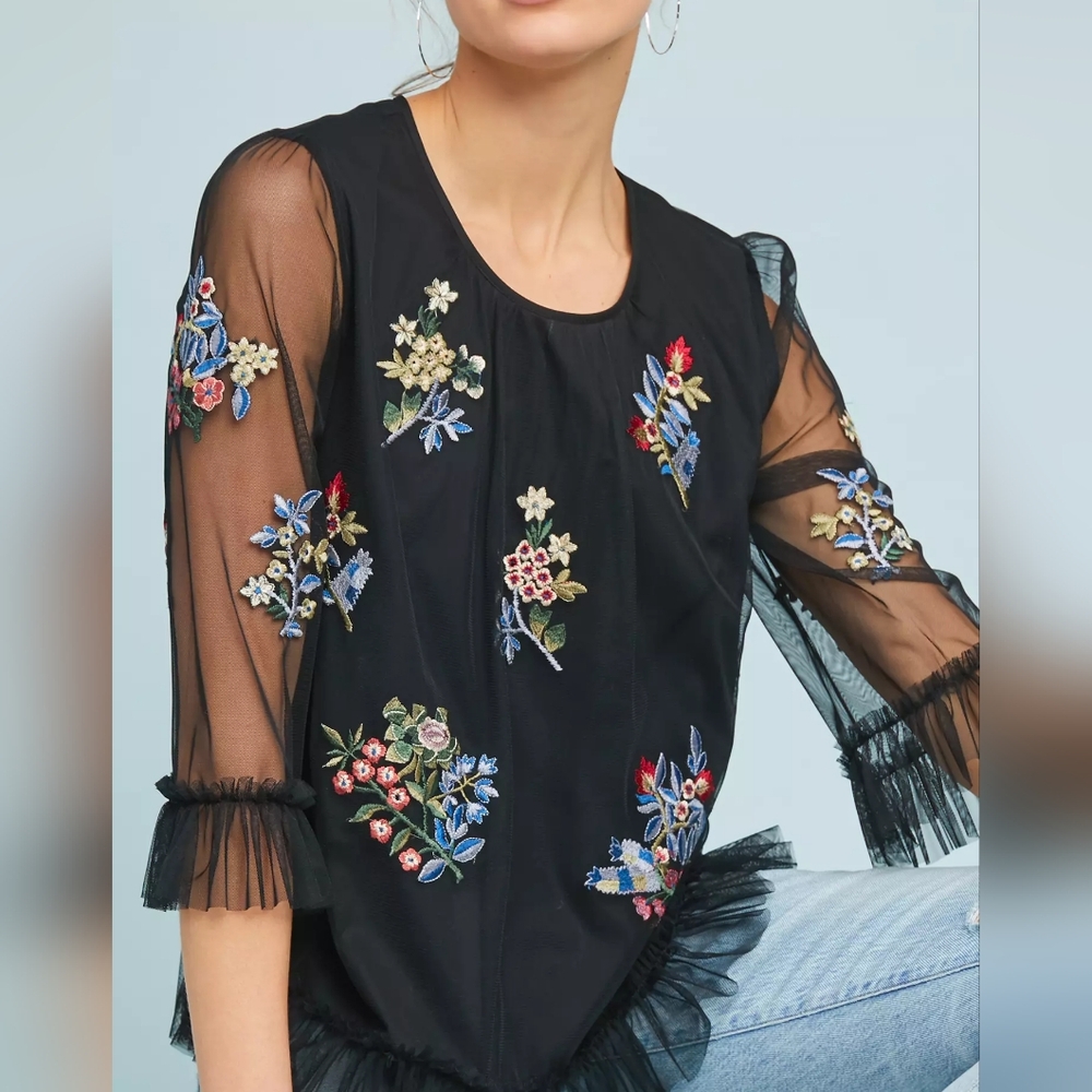 Anthropologie Daria Embroidered Black and Floral Top by Ranna Gill